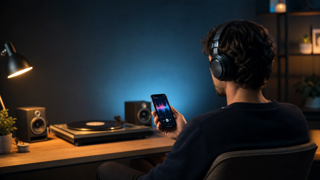 Person wearing headphones and comparing music streaming apps on a smartphone beside speakers and a turntable.